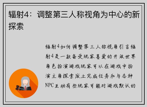 辐射4：调整第三人称视角为中心的新探索
