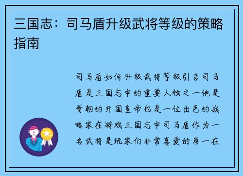 三国志：司马盾升级武将等级的策略指南